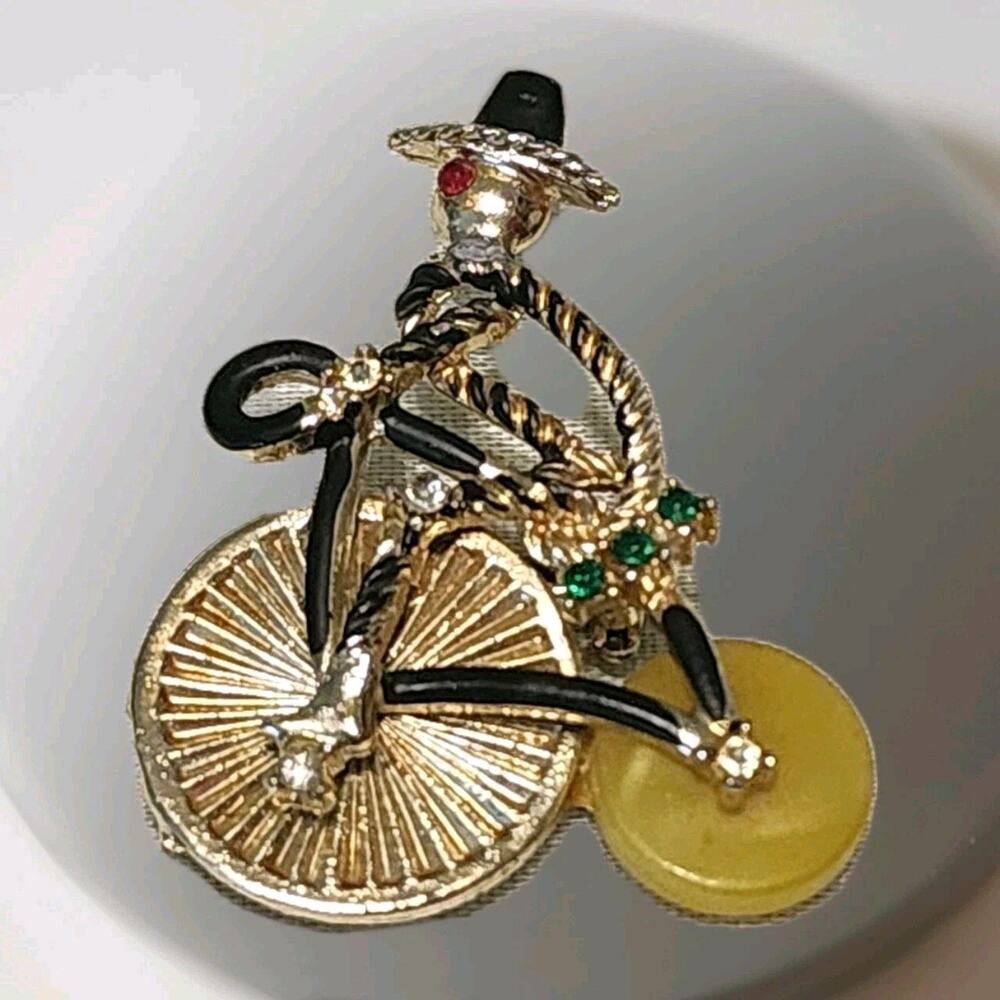 Vintage 1950's Man On Big Wheel Bicycle Sombrero Rhinestone Green Gems Brooch...